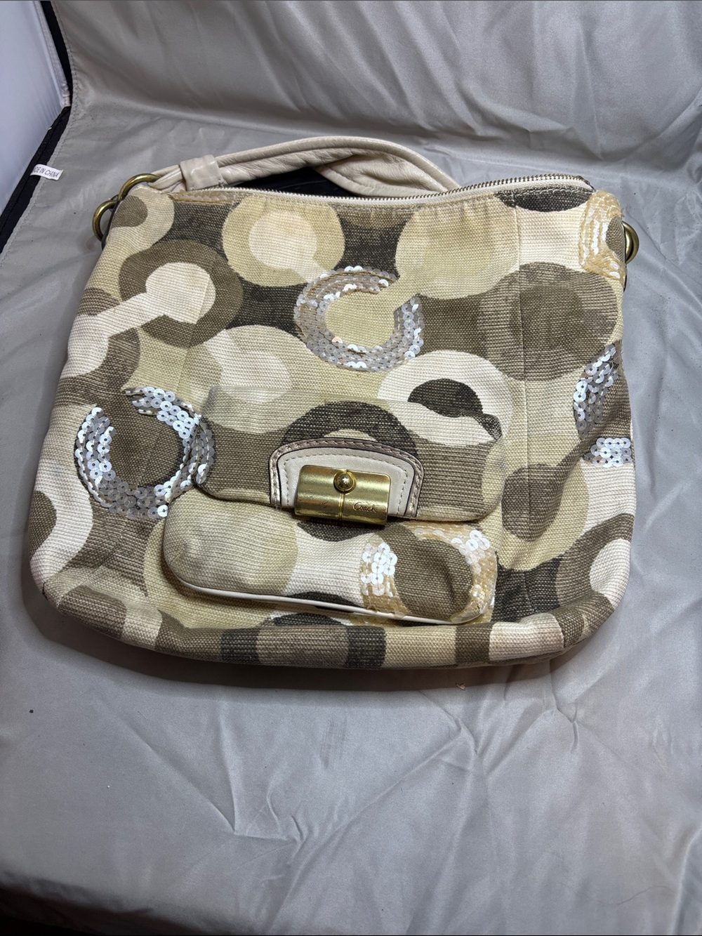 Coach Beige and Brown Circle-Sequin Shoulder Bag
